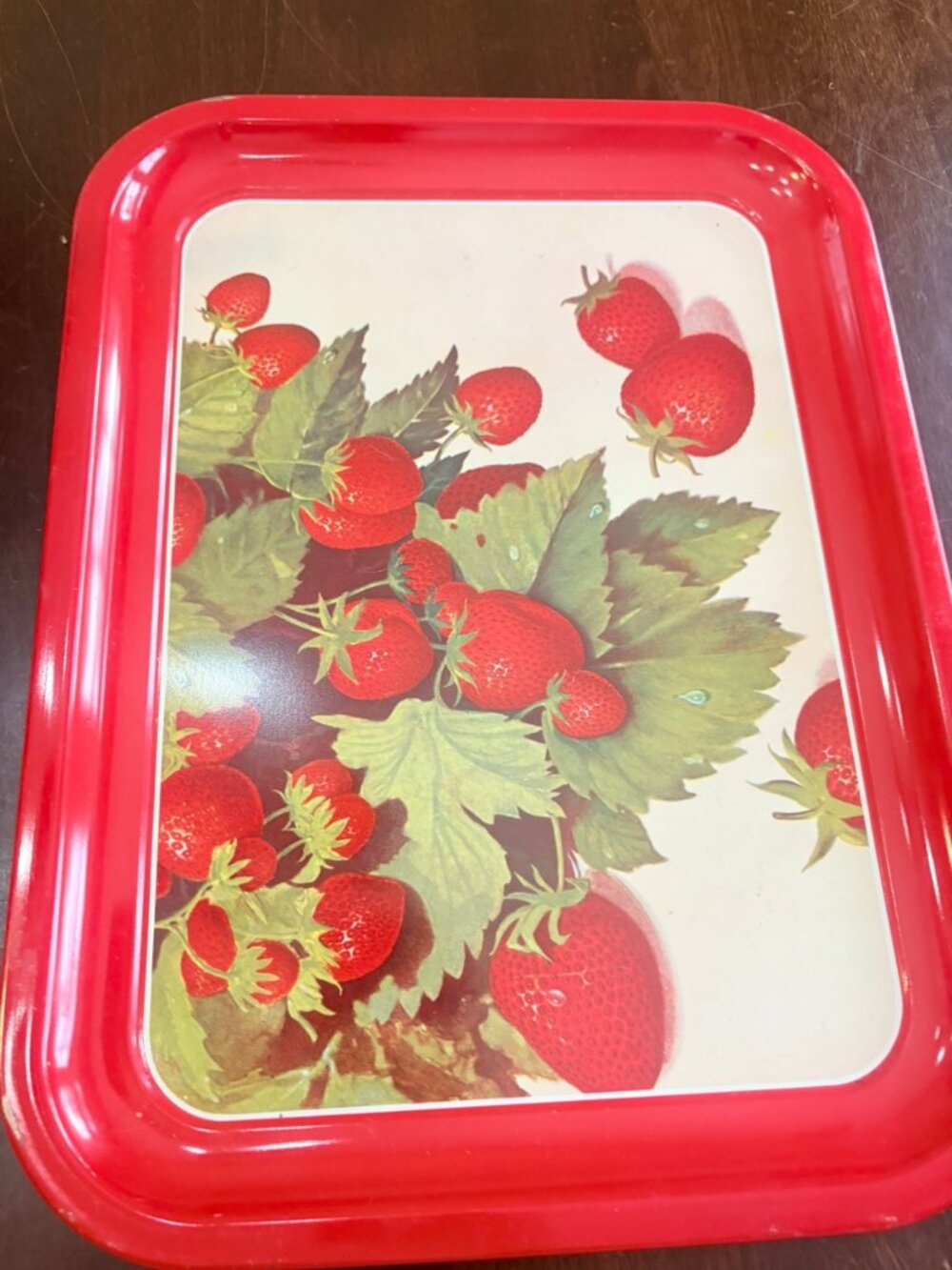 Vintage Red Metal Serving Tray Strawberry Print